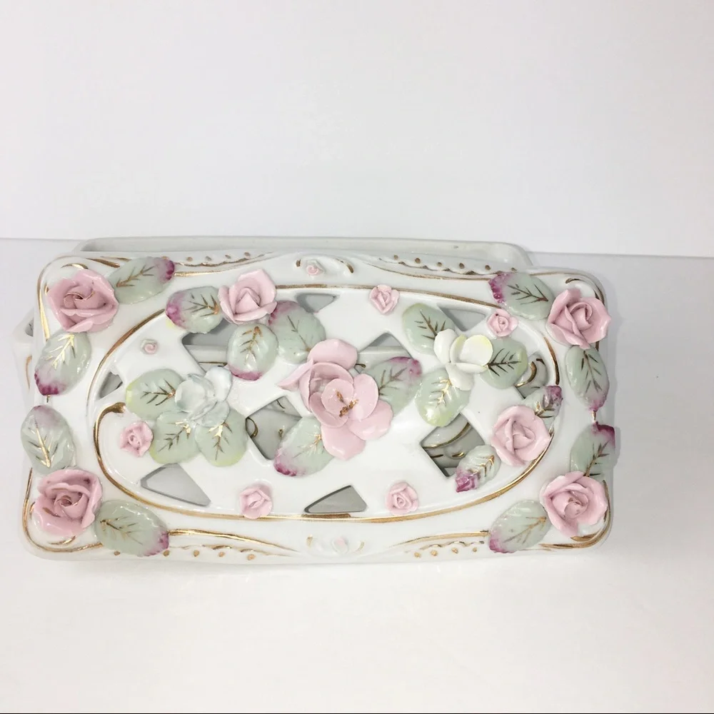 White Porcelain Jewelry Box with Pink Floral Design Delicate Rectangular Beauty